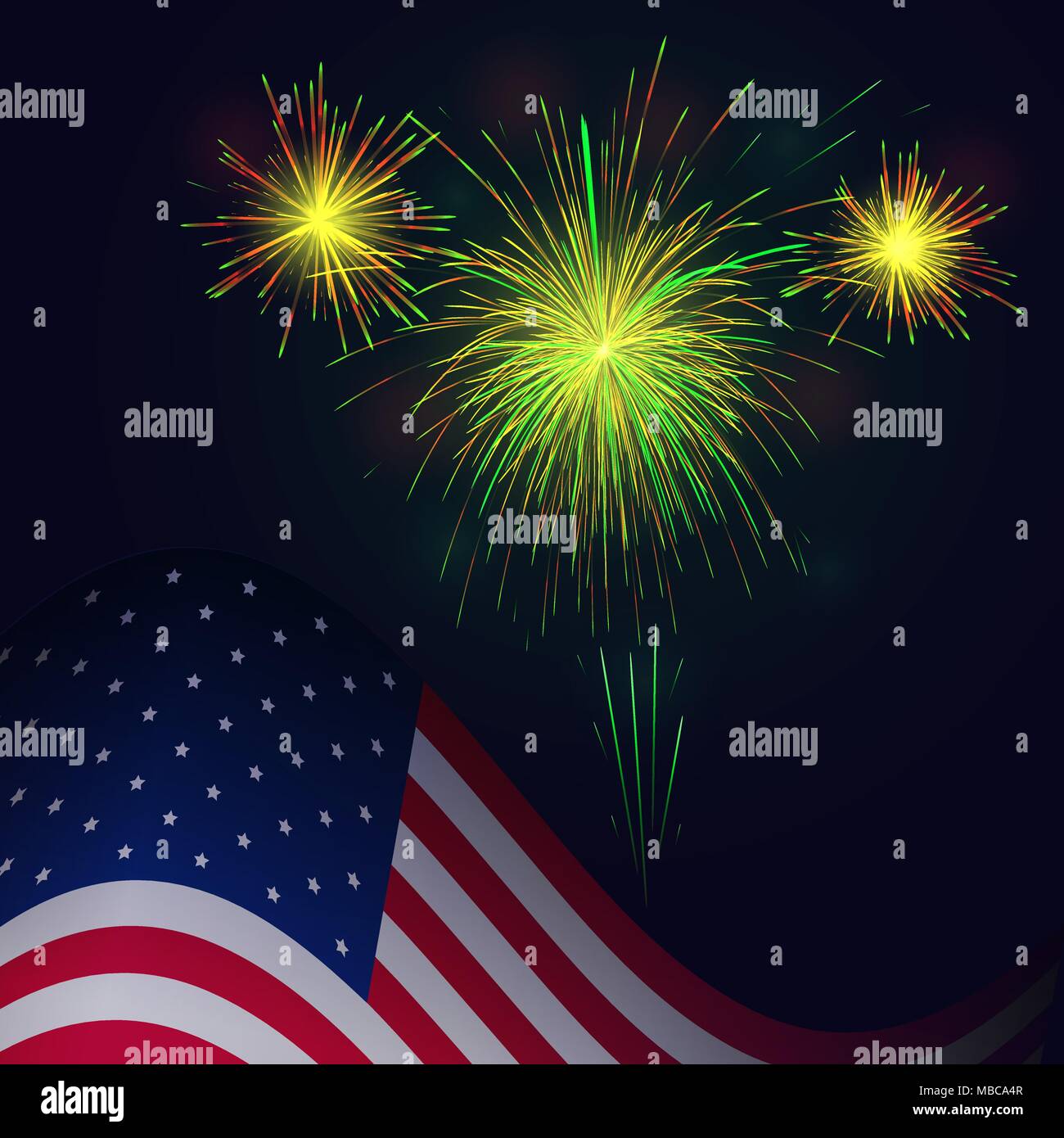 Drapeau des États-Unis et la célébration d'artifice vert or background vector. Le jour de l'indépendance, 4 juillet salut vacances carte de vœux. Illustration de Vecteur