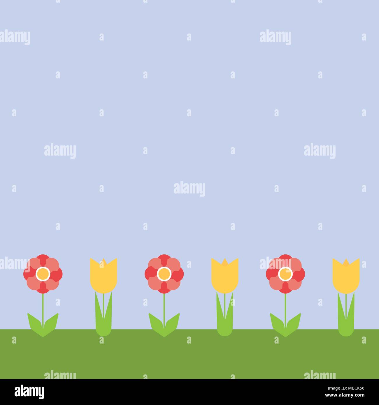 Modèle plat fleurs colorées sur l'herbe sous le ciel bleu, avec l'espace pour votre texte - vector Illustration de Vecteur