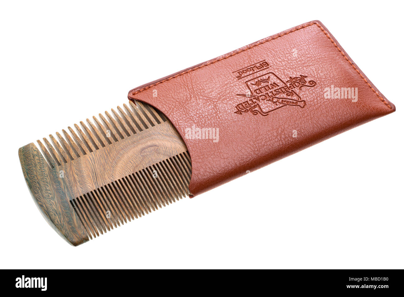 BFWood & Barbe Moustache Pocket Comb - Peigne de santal avec étui en cuir Banque D'Images