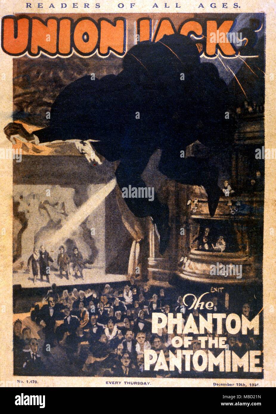 Union Jack bande dessinée. Décembre 1931. Le fantôme de la Pantomime, illustration pour un Sexton Blake detective story. Banque D'Images