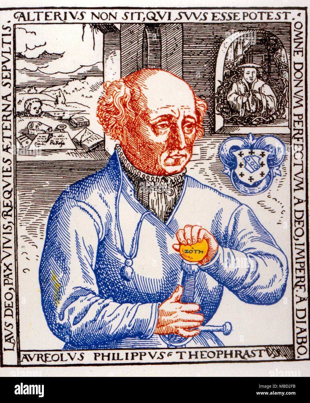 Medical. Portrait de l'occultiste et médecin suisse, Paracelse (1493-1541), avec la garde de son épée contenant la fameuse Azoth. Banque D'Images