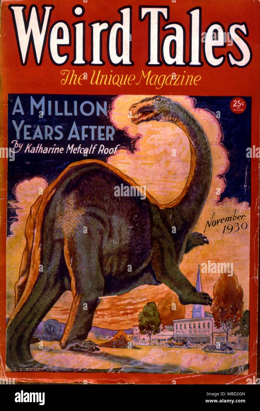 Des monstres. Couvrir de Weird Tales, une bande dessinée de science-fiction américain. Illustration par Senf. 1930 La science-fiction et d'Horreur Magazines Banque D'Images