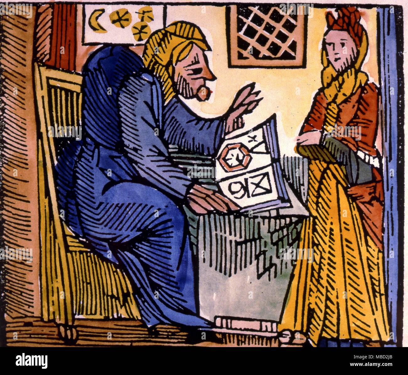 La sorcière, la mère Shipton, jetant un horoscope. À partir d'une brochure de la fin du xvie siècle. Banque D'Images