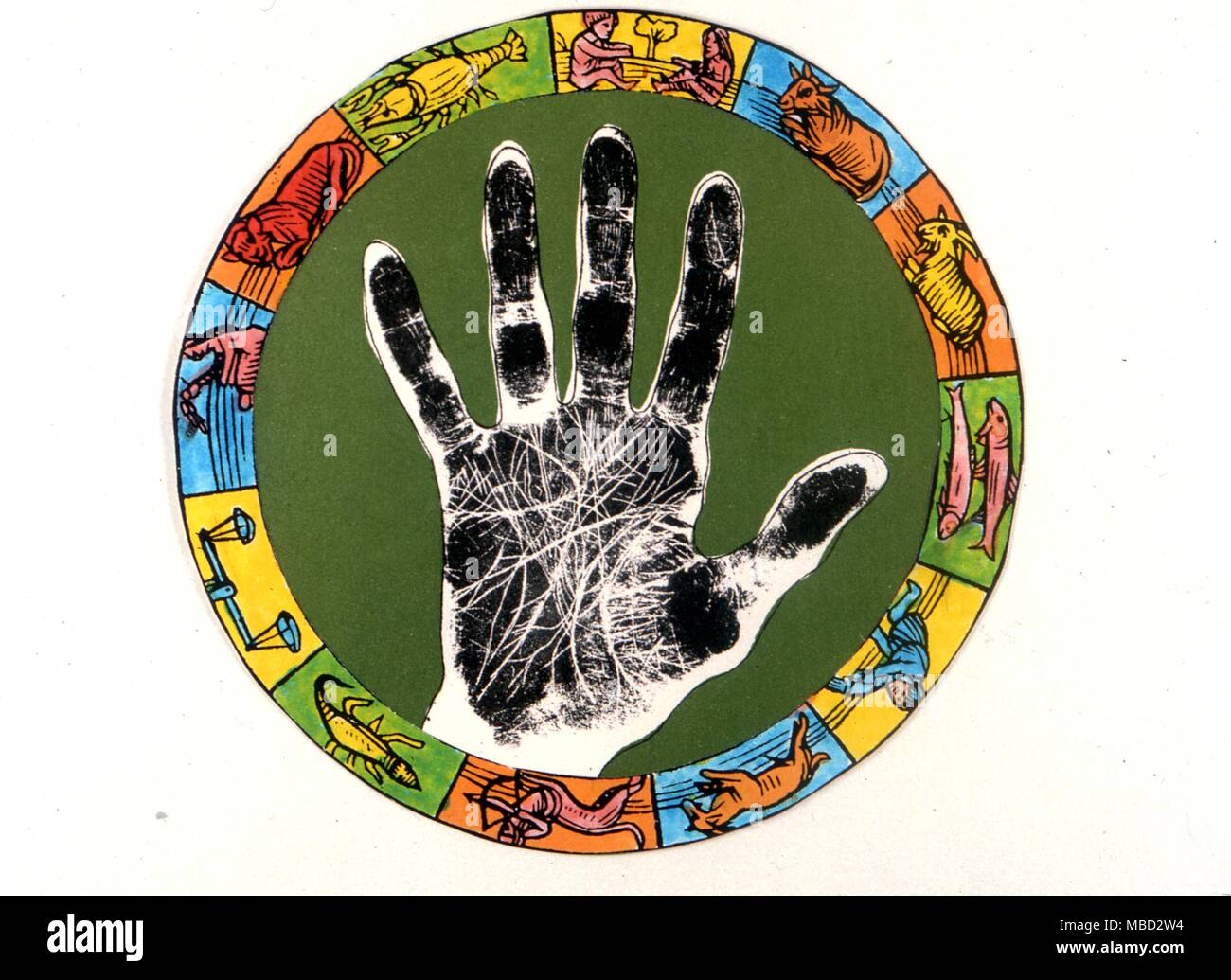 La chiromancie - La main de Gladstone, dans le centre d'une cité médiévale ceinture zodiacale. L'impression est de la collection de l'Cheiro chiromancien. - © / CW Banque D'Images