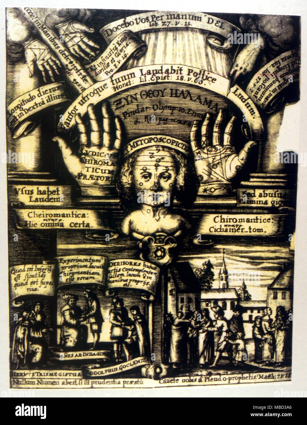 Physiognomy - Metoposocpy. Page de titre de la célèbre Ludiclrum Chriomanticum "Praetoria", avec diverses metoposcopic palmistic et chiffres. Banque D'Images