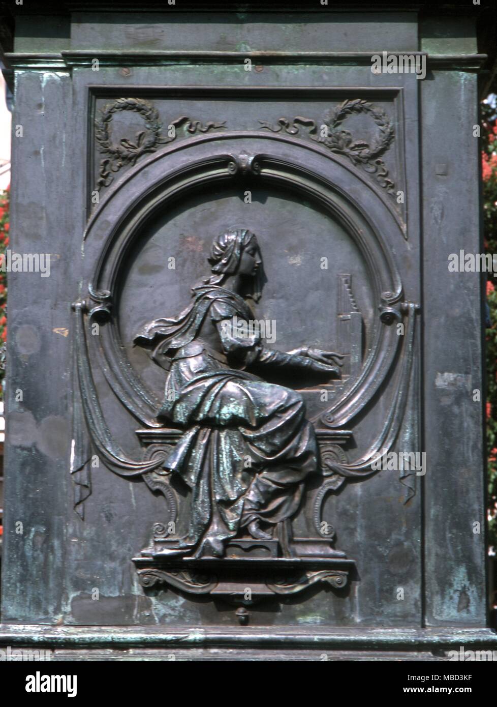 Musique - Symboles personnification de la musique, le piano. La figure sculptée sur le socle de la statue de Beethoven, à Bonn. Banque D'Images