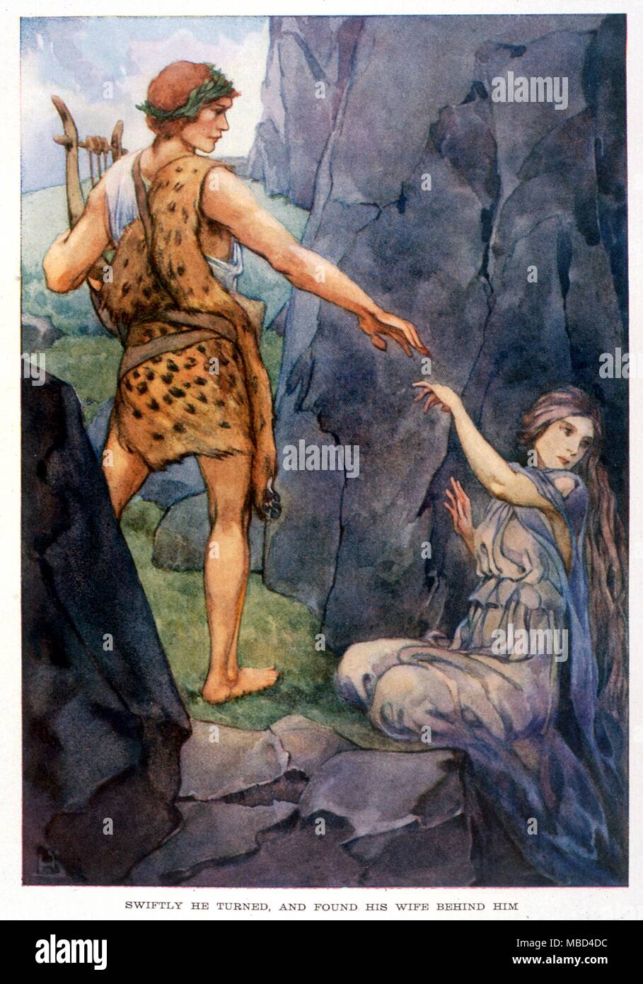 La mythologie grecque - Orphée et Eurydice. Orphée Eurydice menant hors de l'enfer se tourne vers l'arrière. Illustration par Helen Stratton, 1915, pour 'un livre de mythes' Banque D'Images