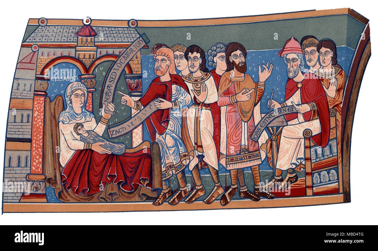 Les saints - Jean le Baptiste "le baptême de Jean le Baptiste" - avec Elisabeth la mère, et de Saint John comme un enfant. Lithographie du xixe siècle du douzième siècle crypte fresque de la Cathédrale de Canterbury. Banque D'Images