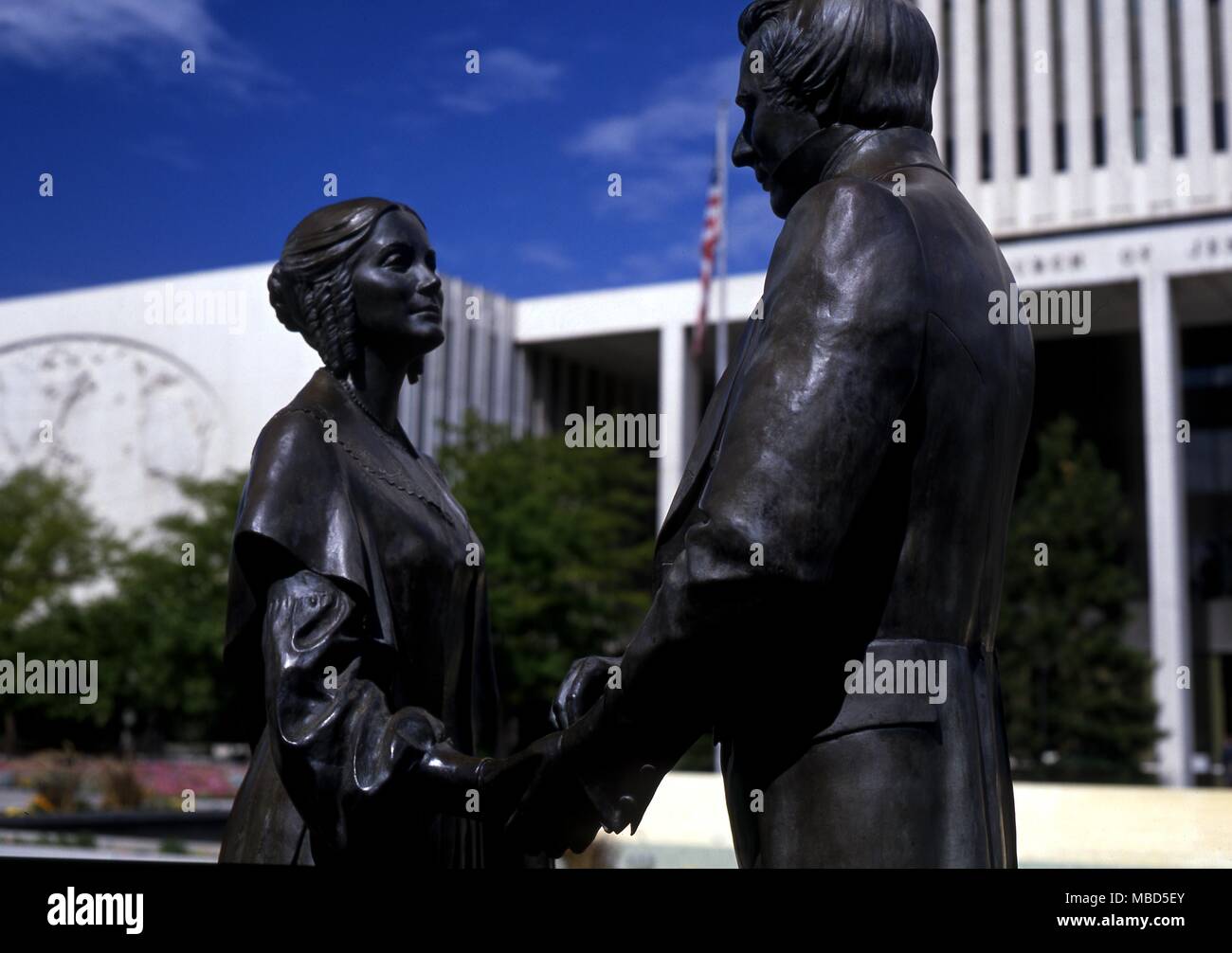 Les Mormons. Statue de Joseph Smith et sa femme dans le Temple Square, Salt Lake City. Banque D'Images