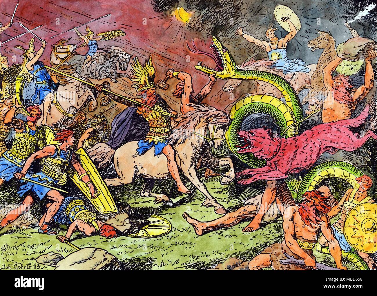 La mythologie germanique - RAGNAROK - AESIR Ragnarok, la journée dite de Doom, de l'Ordre Teutonique la mythologie, ce qui est vraiment le Jugement Dernier des dieux, parfois appelé, moins spectaculaire, et moins précise, le crépuscule des dieux. La gravure à la main, après la peinture de Johannes Gerhts, 1883. L'histoire de l'augmentation spectaculaire des conflits, conduisant à la fin, ou Ragnarok, est racontée dans la Voluspa, où est racontée la destruction de l'Aesir, ou l'entourage du dieu Odin. La période de mécontentement et de conflit commence par sept hivers Fimbul, dans lequel la lumière et chaleur du soleil sont occult Banque D'Images