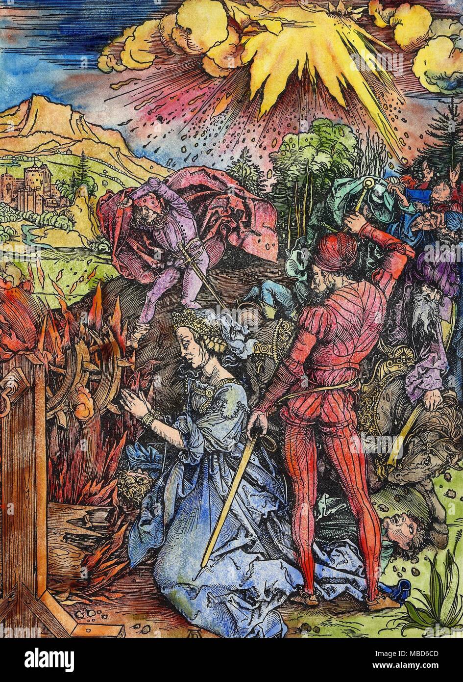 Les symboles - LA TORTURE - luminaire - la gravure sur bois de Dürer Albrecht SAINTS représentant le artyrdom "de Sainte Catherine d'Alexandrie". Elle avait été condamné à mort pour avoir refusé d'abjurer sa foi, et qui a refusé le mariage avec Maxence. Premièrement, les bourreaux avaient mis sur une roue à pointes, qui était de déchirer la chair de son corps, mais une terrible tempête de grêle, avec des éclairs de feuille a été envoyé par Dieu, et l'instrument de torture a été frappé et consommé dans les flammes. Dürer représente l'horreur devant ce phénomène étrange, envoyé par le ciel. Plus tard (et c'est le moment représenté dans l'foregro Banque D'Images