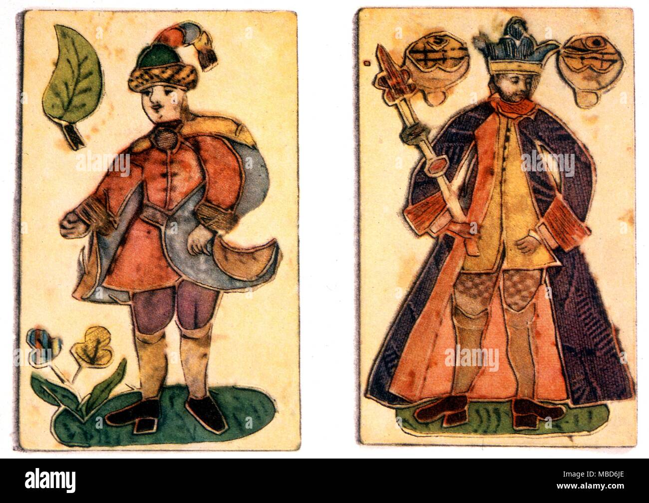 Cartomancie Cartes à jouer cartes Trappola du début du 18e siècle, les dessins imprimés sont couverts de soie brode 1930 Banque D'Images