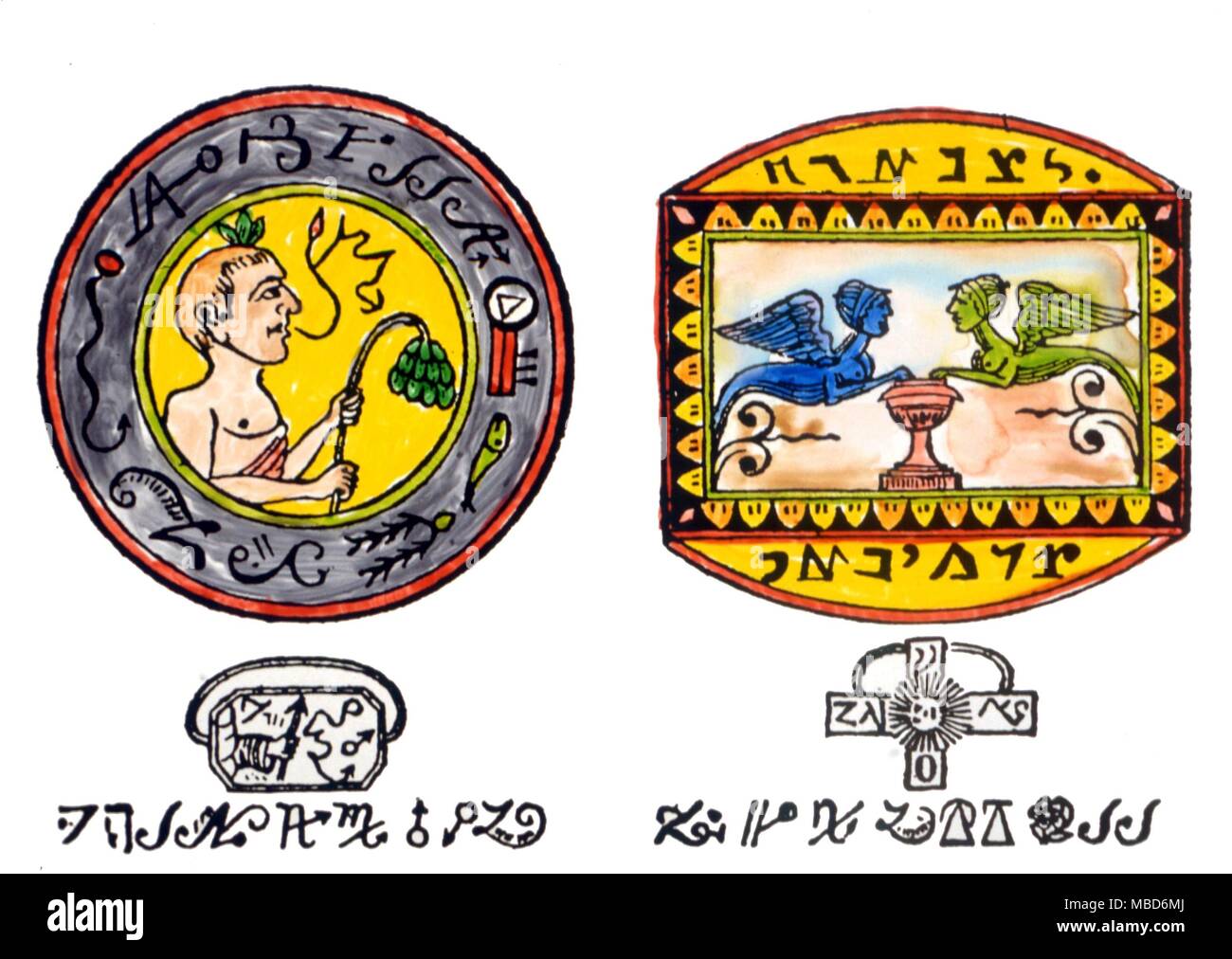 Magique MAGIQUE ALPHABETS - cachets, de secret-script lettres, gravé sur un anneau talismanique dans le grimoire du Sage des pyramides. Banque D'Images