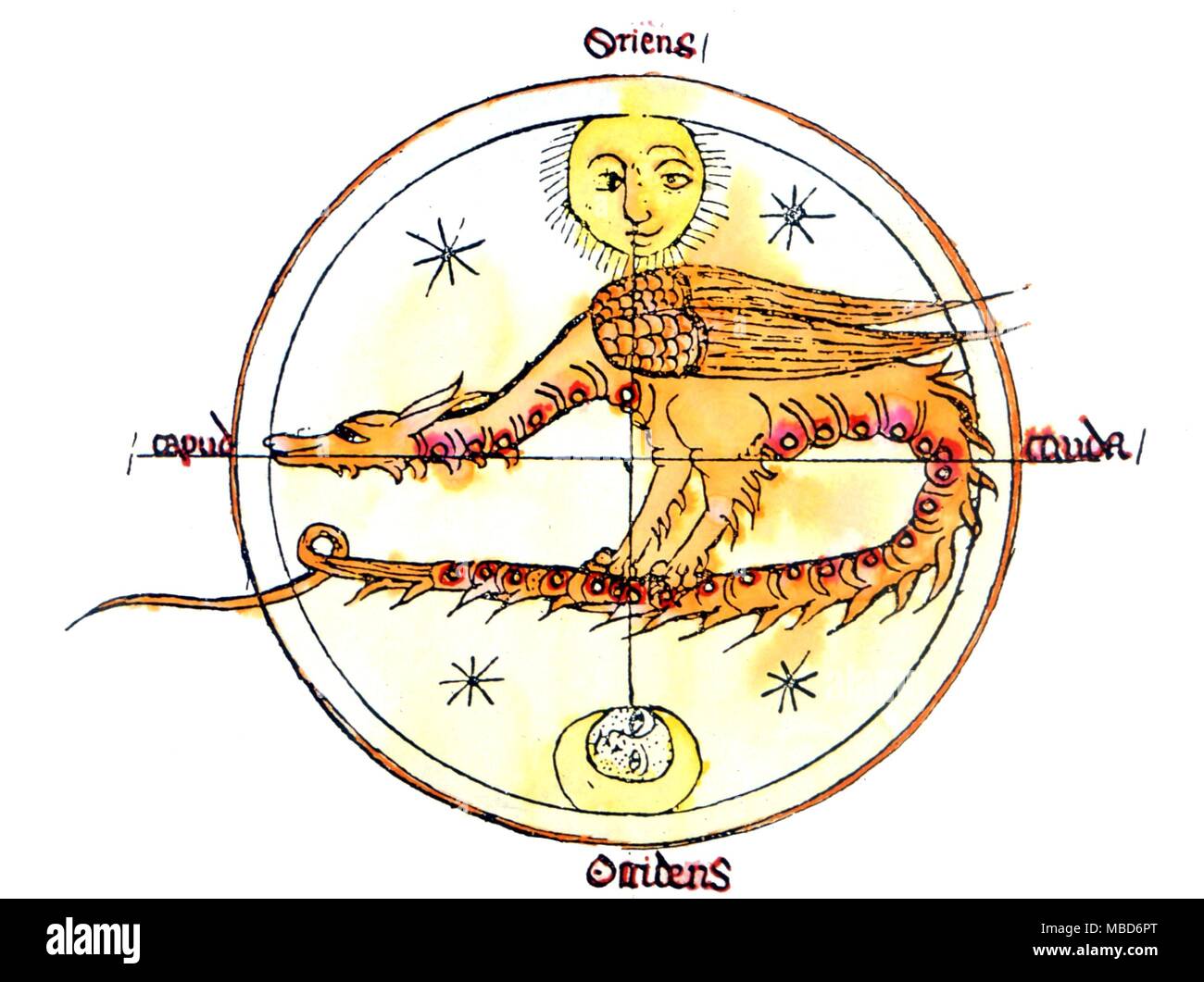 DRAGON - Le dragon lunaire, debout à l'intérieur de la figure de l'espace cosmique, entre soleil et lune. Après un schéma par l'Occultiste médiévale Michel Scot. Banque D'Images