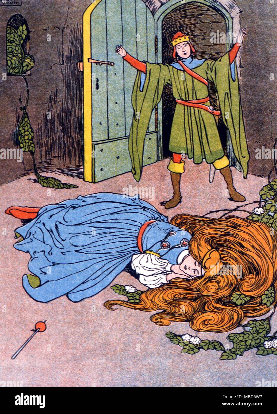 Sleeping Beauty - Le Prince découvre le Rosebud de couchage. De Cherryblossom et autres histoires de Grimm 1909 illustré par Helen Stratton Banque D'Images