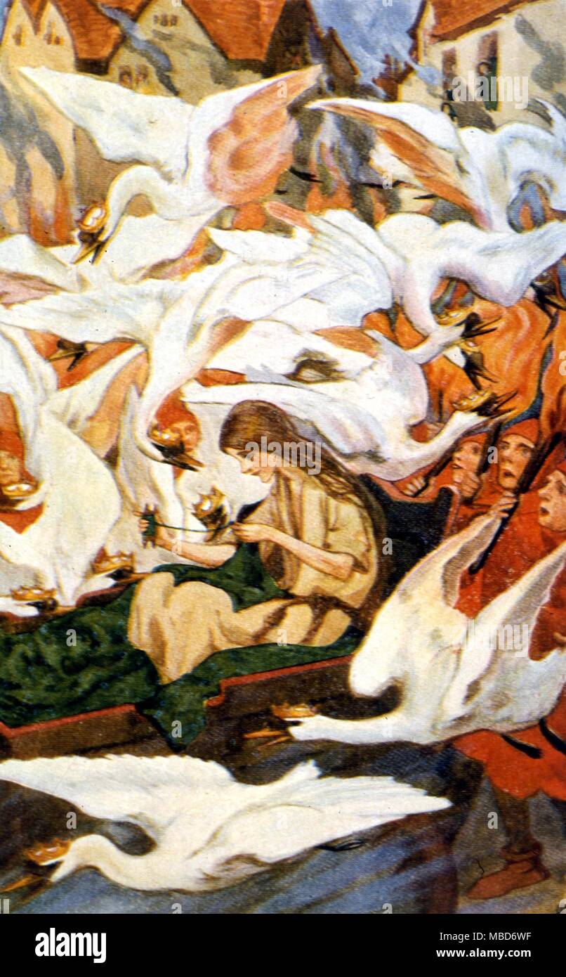 Les Cygnes sauvages - Les cygnes protéger Elise. Illustration de Hans Andersen's Fairy Tales c.1920 par Helen Stratton Banque D'Images