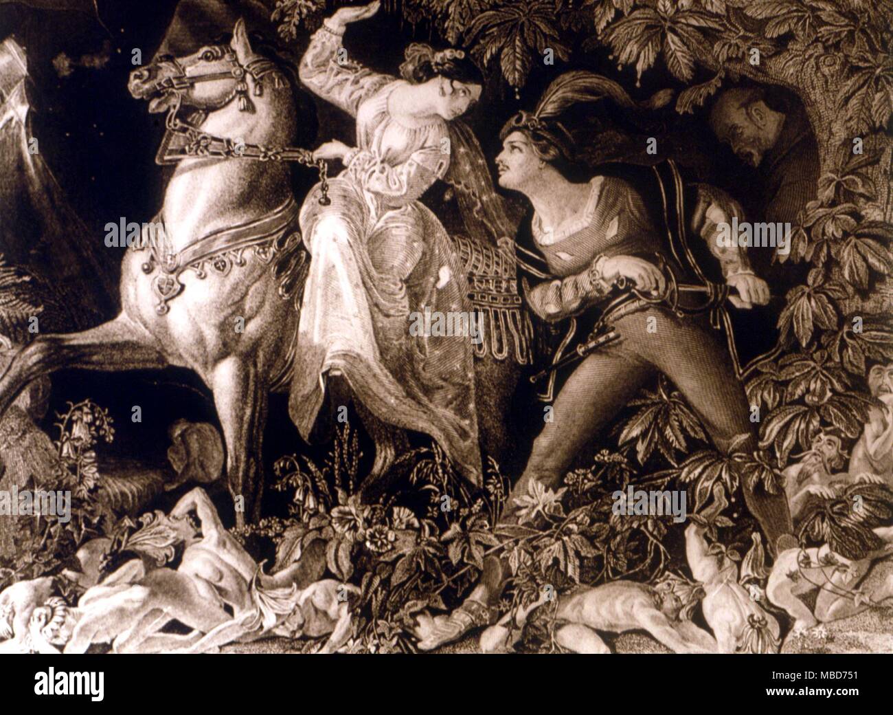 Fairies - Gravure par Sharpe. Le passage d'Agata à travers la forêt hantée. Le Journal d'Art, 1855 Banque D'Images