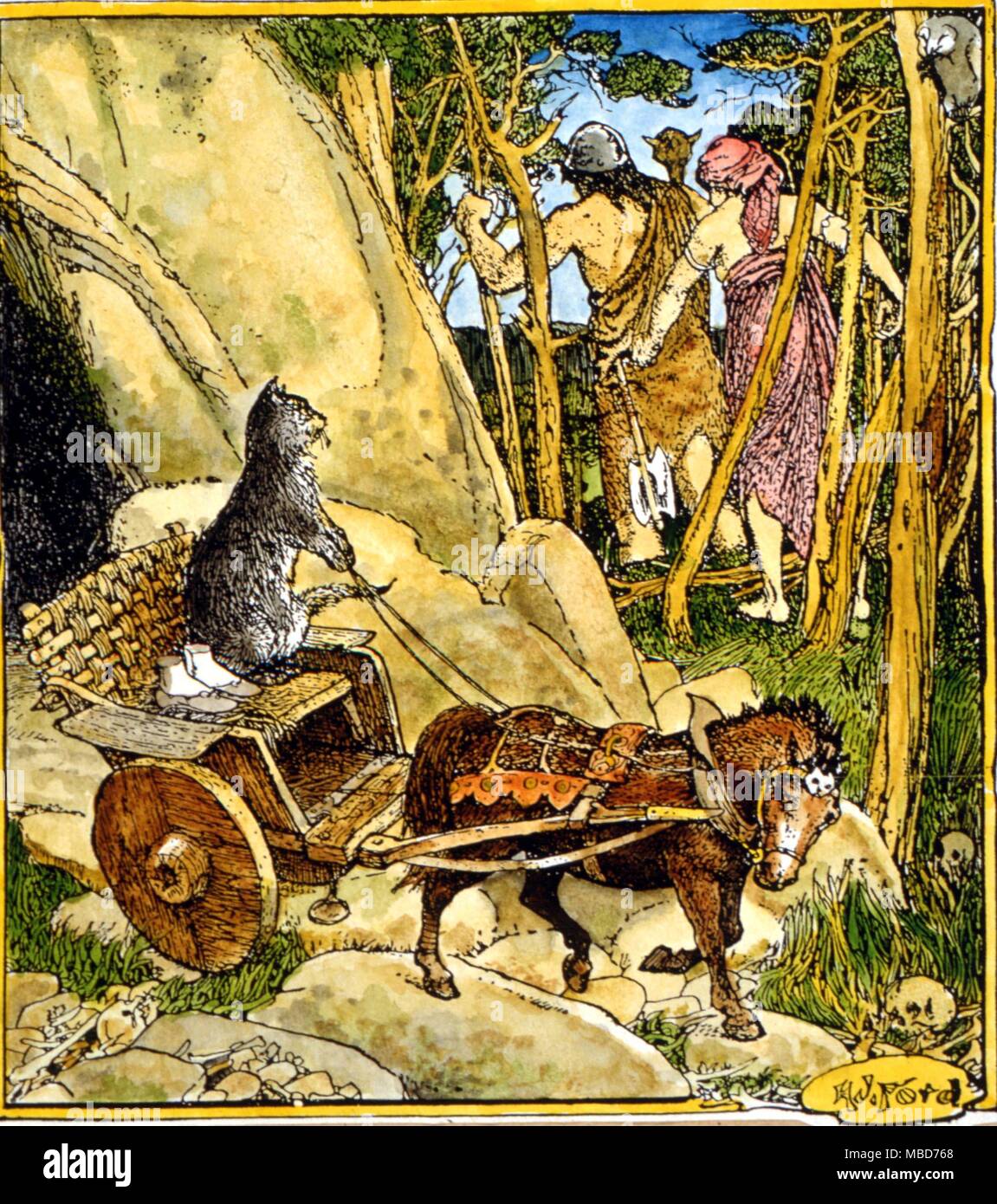 Les chats - Kiss le chat fait sortir l'Ingibjorg pieds de la grotte du géant - illustrations après Ford d'Andrew Lang Livre de fée Brown 1932 Banque D'Images