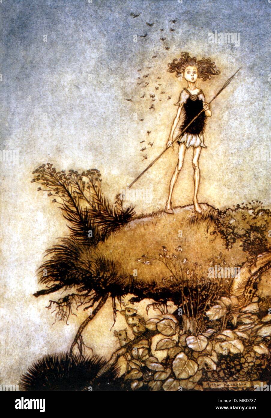 Contes de fées - Songe d'une nuit - un stand à l'écart sentinel. Illustration par Arthur Rackham pour l'édition 1908 d'un Songe d'une nuit, de Shakespeare Banque D'Images