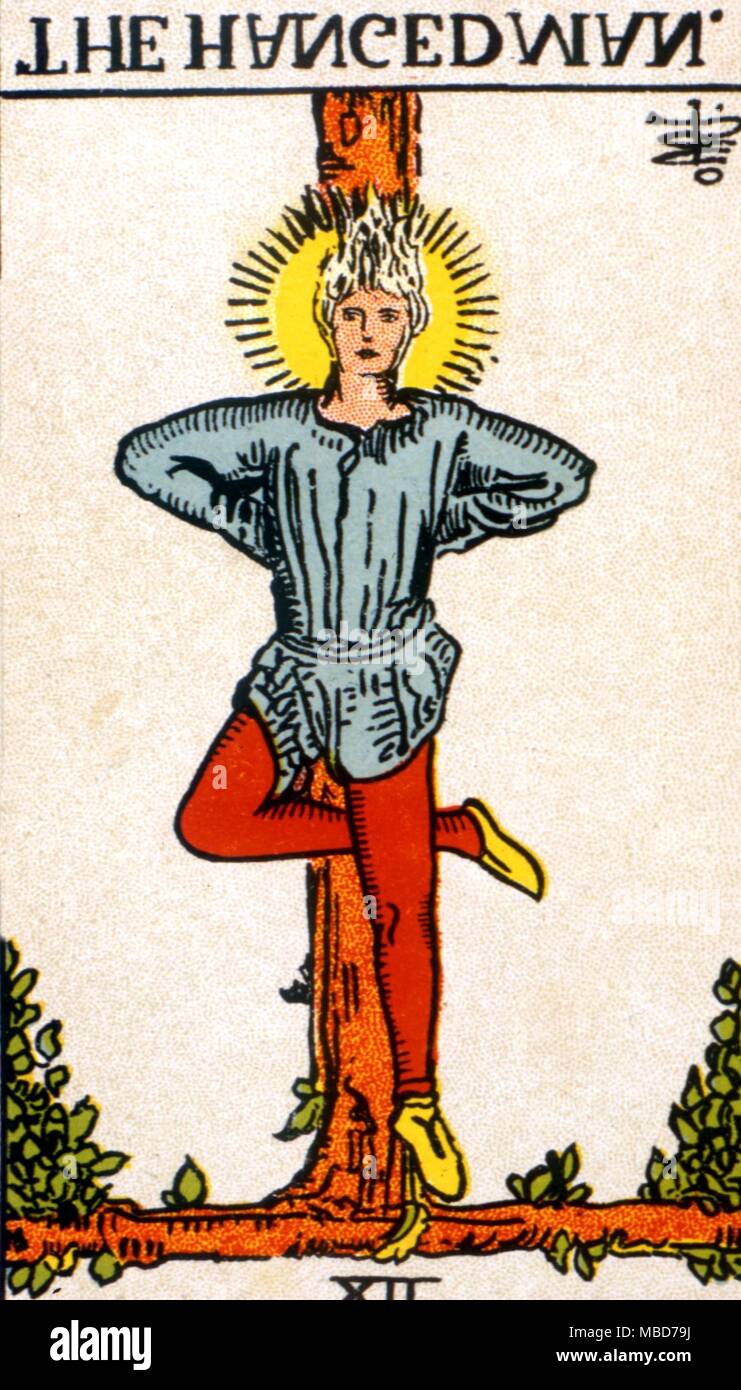 Cartes de Tarot - Arcanes Majeurs - Waite Pack l'une des cartes de la série de 22 Arcanes Majeurs, plus connue sous le nom de pack Waite, mais réellement conçu par Pamela Colman Smith, en collaboration avec l'A.E. Waite, sur l'ordre de l'ordre de la Golden Dawn. Le Pendu Banque D'Images