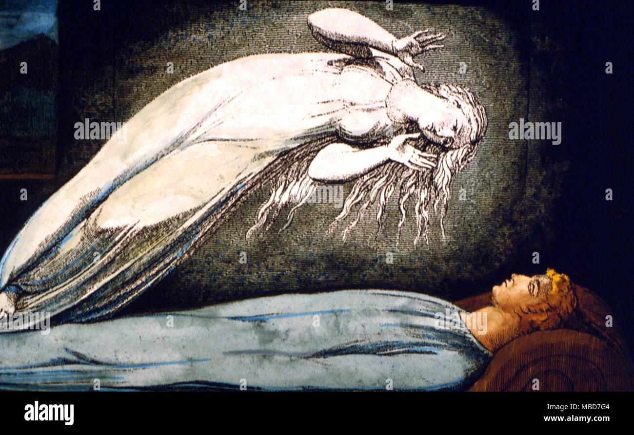 La main, illustration par William Blake à Blair de poème "la tombe", 1812, montrant le corps astral du défunt planant au-dessus du corps physique. Banque D'Images