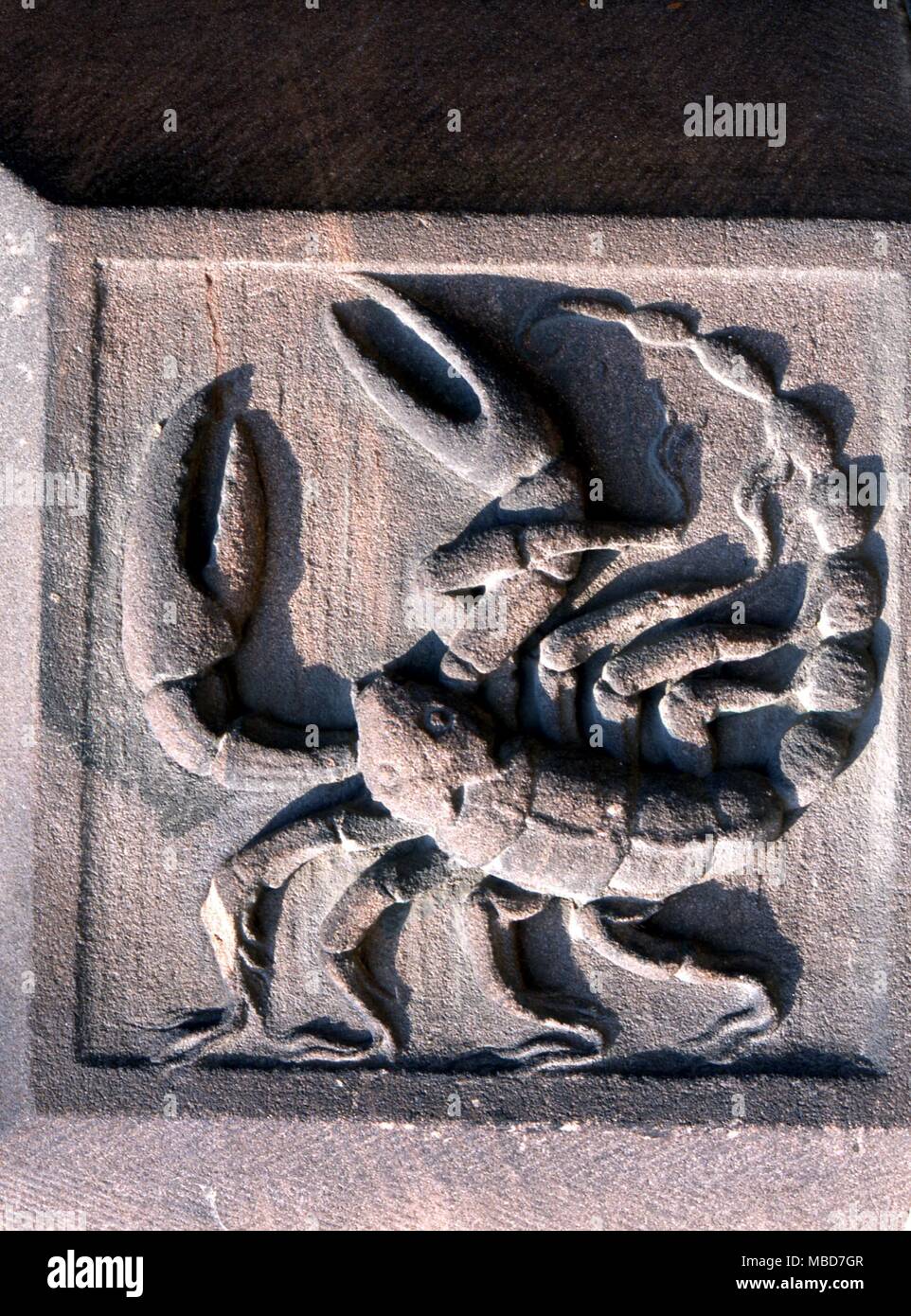 L'image du dix-neuvième siècle du scorpion (en partie confondu avec le cancer) sur le côté est de l'hôtel de ville, à Coventry. Banque D'Images