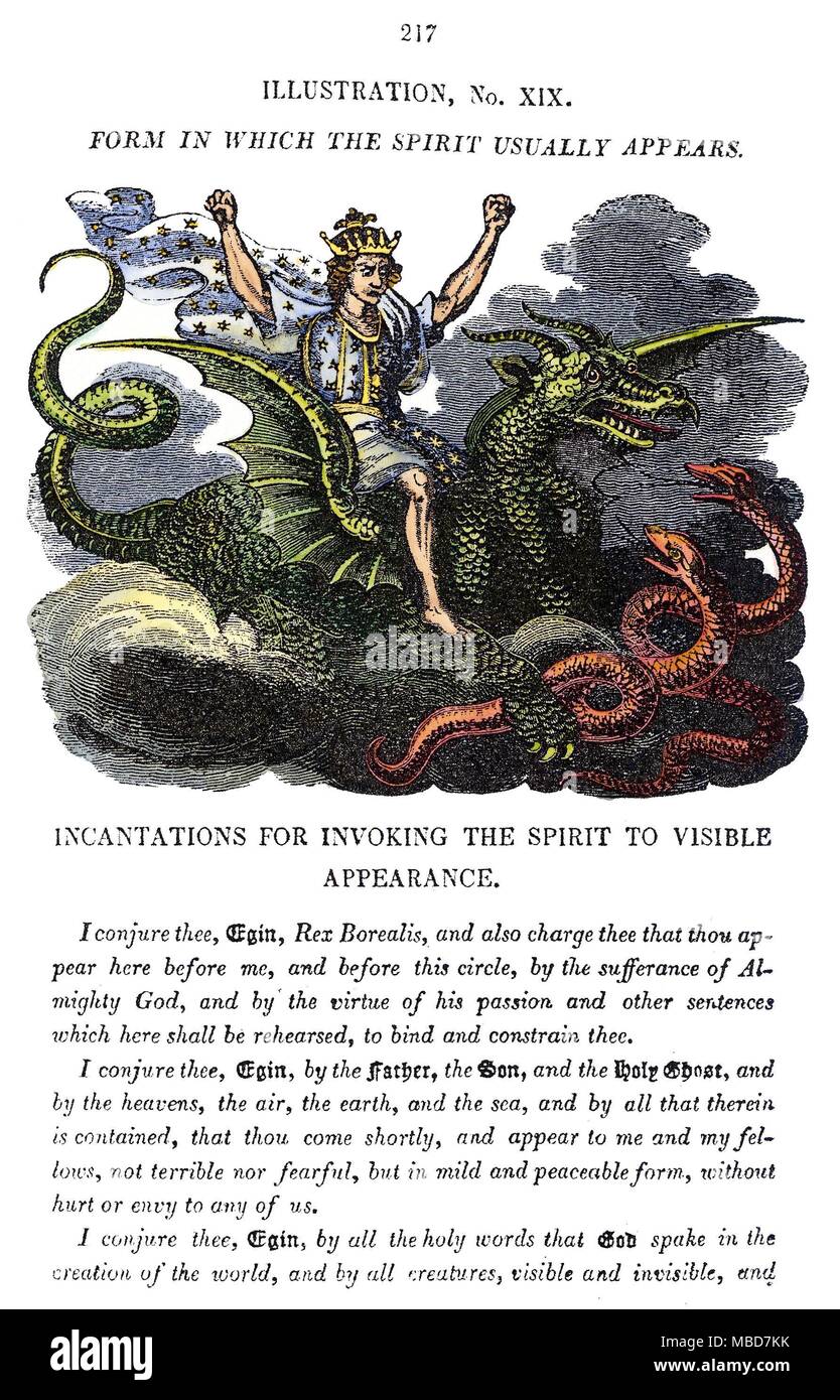 Démons - une figure hiéroglyphique EGIN représentant l'aspect de l'esprit sombre Egin (Roi du Nord). Egin apparaît sous la forme d'un couronné roi à cheval sur le dos d'un dragon féroce : il est généralement confronté à des serpents. La gravure à la main, de l'Astrologue la dispersion du dix-neuvième siècle ; ou, Magazine de l'Intelligence céleste, 1824. Banque D'Images