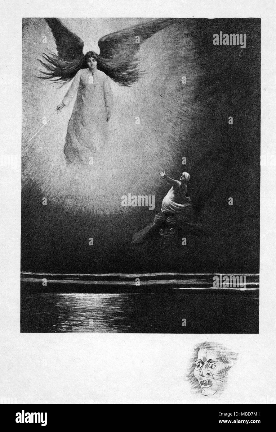 FAIRYTALES - MARID Abou Mohammed, à la recherche de sa femme, qui a été volé par un Marid, est conseillé par l'être angélique à voler hors de la ville d'airain, sur laquelle le soleil se lève. Il monte sur le dos d'un Marid à la ville. De l'histoire, Abou Mohammed le paresseux - Gravure de la John Payne traduction de l'arabe du livre des Mille nuits et une nuit, 1901, tome 4. Banque D'Images