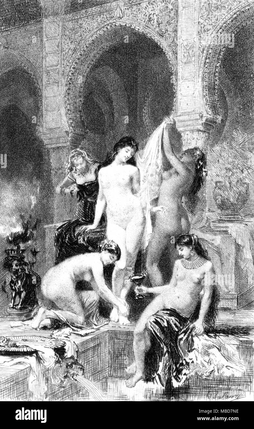 FAIRYTALES - SCÈNE DANS UN HAREM JARDIN la beauté, Zein El Mewasif, et ses esclaves. Mesrour tombe amoureux d'elle, et elle avec lui, mais pendant qu'ils profiter de l'autre, Zein El Mewasif a un mari. De l'histoire de Mesrour et Zein El Mewasif. Eau-forte à partir de John Payne traduction de l'arabe du livre des Mille nuits et une nuit, 1901, tome 8. Banque D'Images