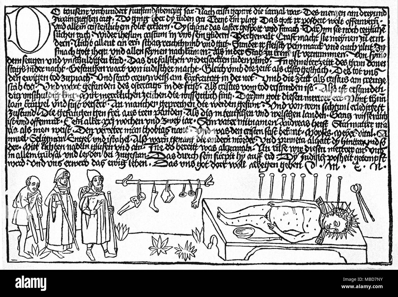 La mythologie juive - SIMON DE TRENTE TROIS pèlerins et Simon de Trente. Gravure sur bois d'Tuberinus, Die Geschicht légende und von dem kind und heyligen marterer gennant, Symon, 1477. Banque D'Images