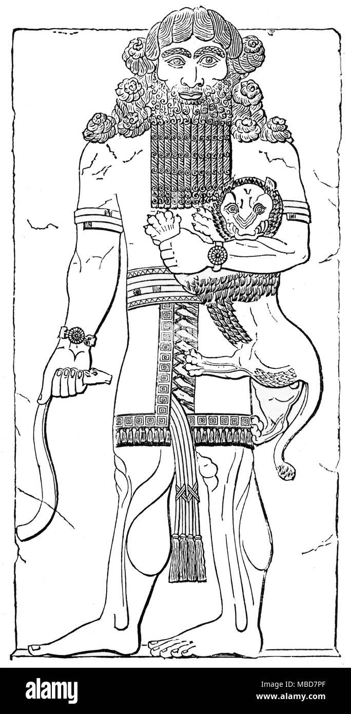 La mythologie babylonienne - IZDUBAR Izdubar et le lion - gravure sur bois d'après le bas-relief de Khorsabad. De Zénaïde A. Ragozin, Chaldée depuis les premiers temps de la montée de l'Assyrie,1889 Banque D'Images