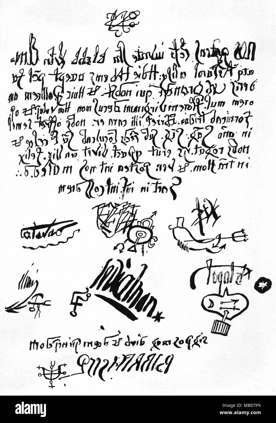 Pacte - LA SORCELLERIE - GRANDIER Télécopieur du pacte établi entre les démons et le prêtre français, Urbain Grandier, vers 1634. Bien que manifestement un faux, ce document a été utilisé comme preuve contre lui, à son procès à Loudun en 1634. Il a contribué à sa phrase, qui était qu'il soit torturé et brûlé vif. Ce pacte est écrit en écriture en miroir de l'Amérique. Les deux premières lignes (lire lorsque renversé) : Nos pptens Lcfr juvnte Stn Blzbb Lvtn atq Astarot Elm- hdie habems : alisq foedreris pct accepter Ub/GrandrÖ Ces translate : Nous, le tout puissant Lucifer, appuyé par Satan, Banque D'Images