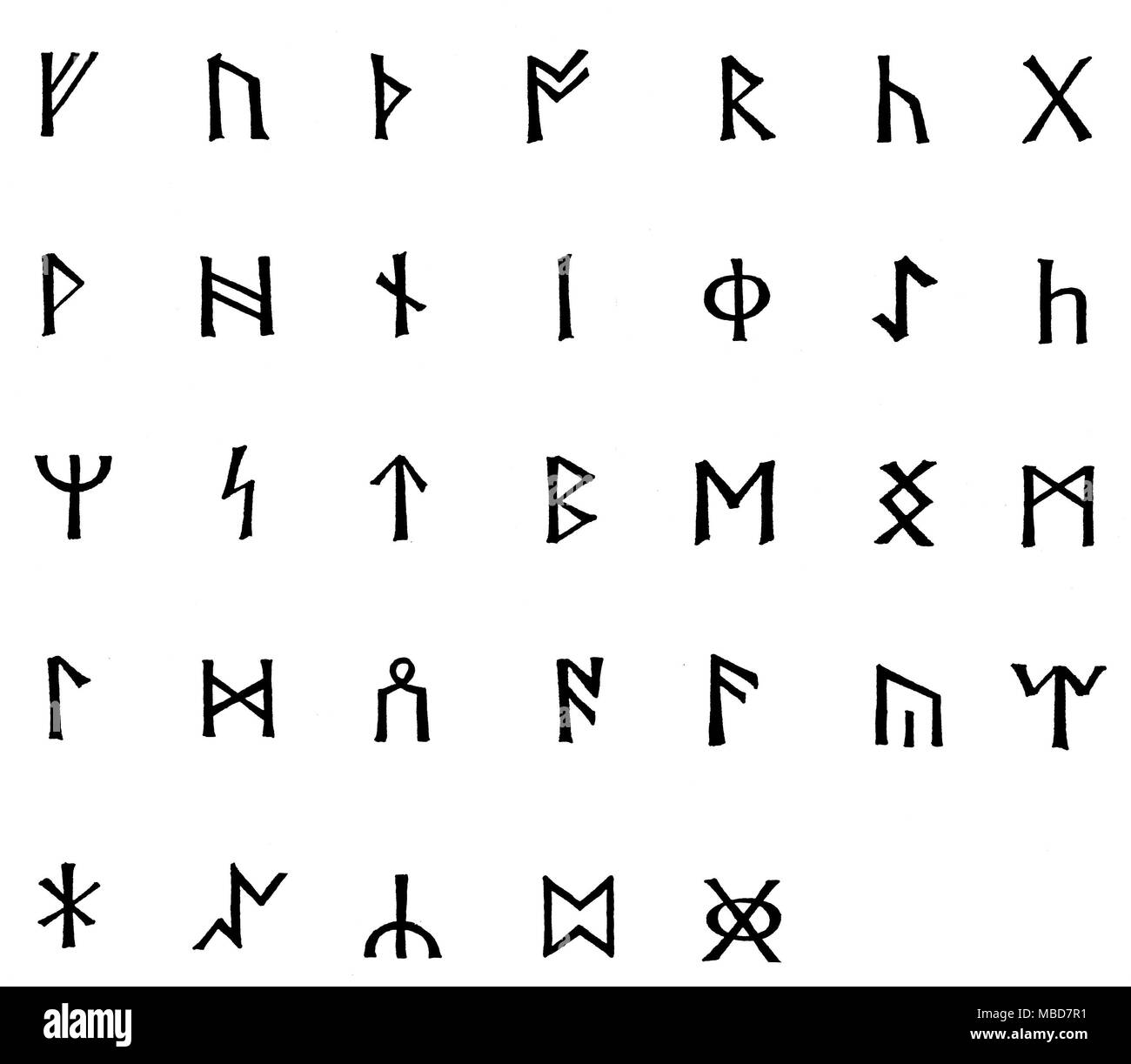 RUNES - LES RUNES ANGLO-SAXONNES parmi le plus largement utilisé de runes sont ceux de l'alphabet anglo-saxon, qui a été dérivé de la runes germaniques - particulièrement ceux utilisés dans le Schleswig-Holstein. Par le dixième siècle, il s'agissait de 33 cachets, ou signes, dont chacun est donnée ici. Les runes sur le fameux coffret runique d'Auzon sont dérivés de cette série [images de ce cercueil-sont archivés dans la Collection Charles Walker]. Bien que les runes, et leurs noms, légèrement modifiée par l'utilisation de plusieurs siècles, les noms les plus couramment utilisés (correspondant à des runes reprodu Banque D'Images
