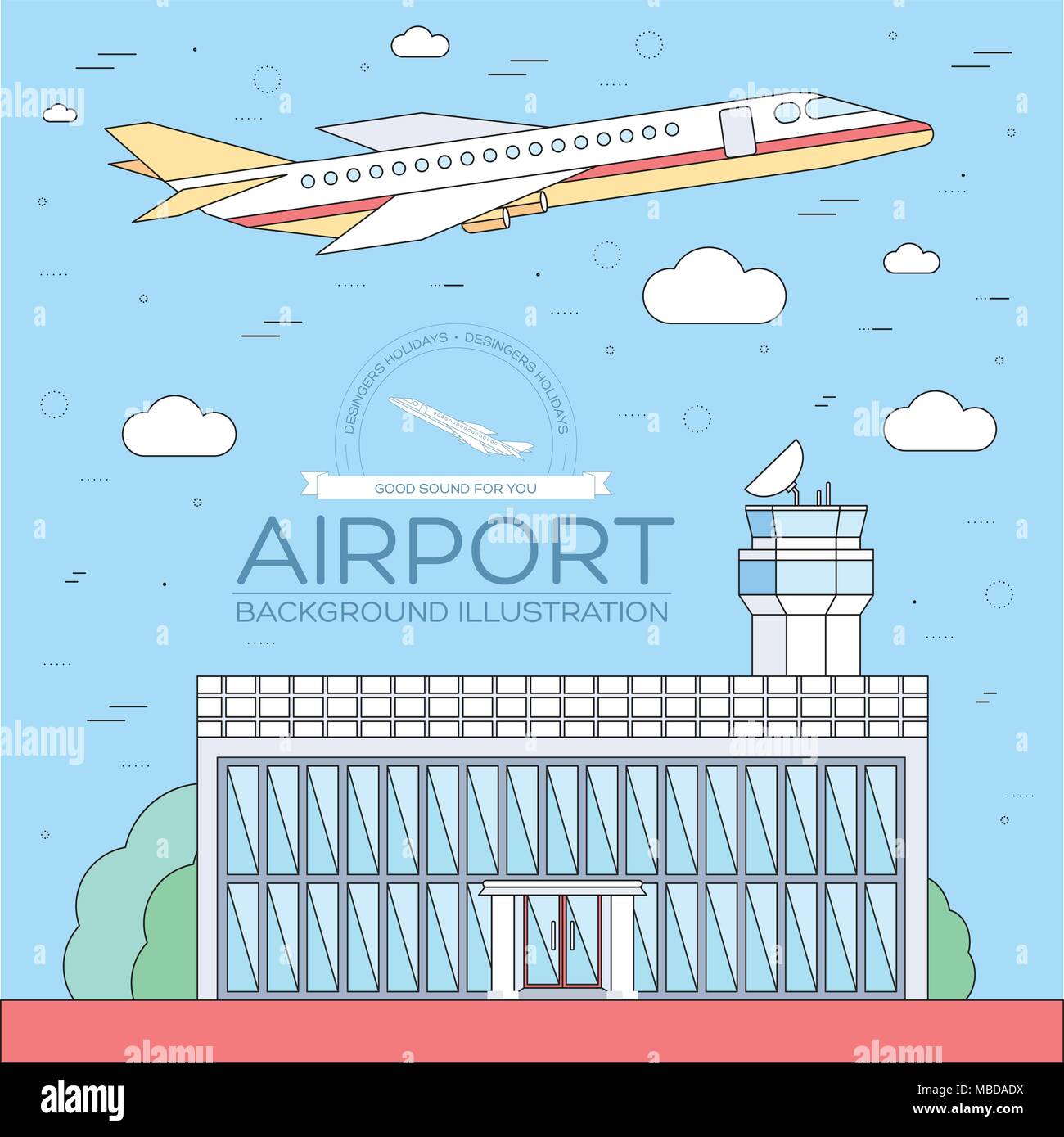 Télévision avec avion en vol de l'aéroport bâtiment tour concept arrière-plan. Vector illustration pour modèle coloré pour vous des applications web et mobiles. Lignes fines style design Illustration de Vecteur