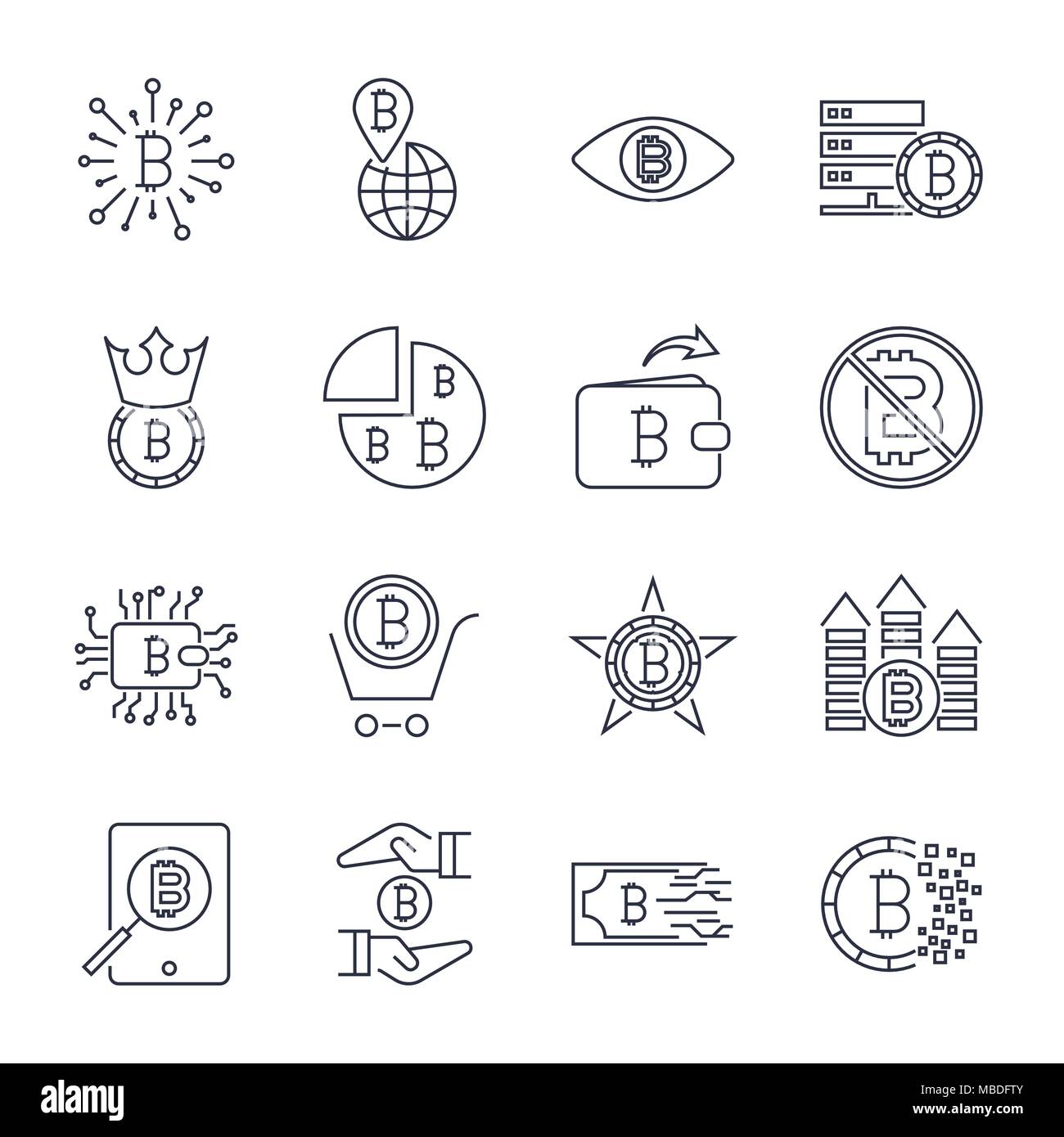 Ensemble d'icônes de ligne bitcoin vecteur. Les investissements, les paiements et de change, internet banking, wallet, montagne d'argent, part à l'aide d'une pièce et plus encore. Avc. modifiable Illustration de Vecteur