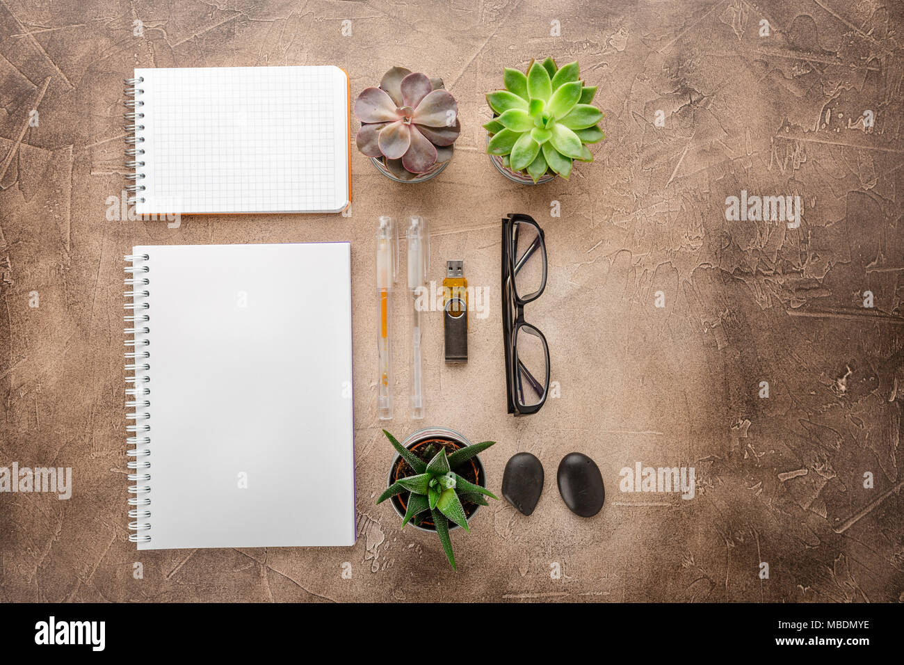 Notes vide pour notes, stylos, zen stones, des ciseaux, des verres et des pots avec des plantes grasses sur la table. Vue supérieure avec place pour le texte Banque D'Images