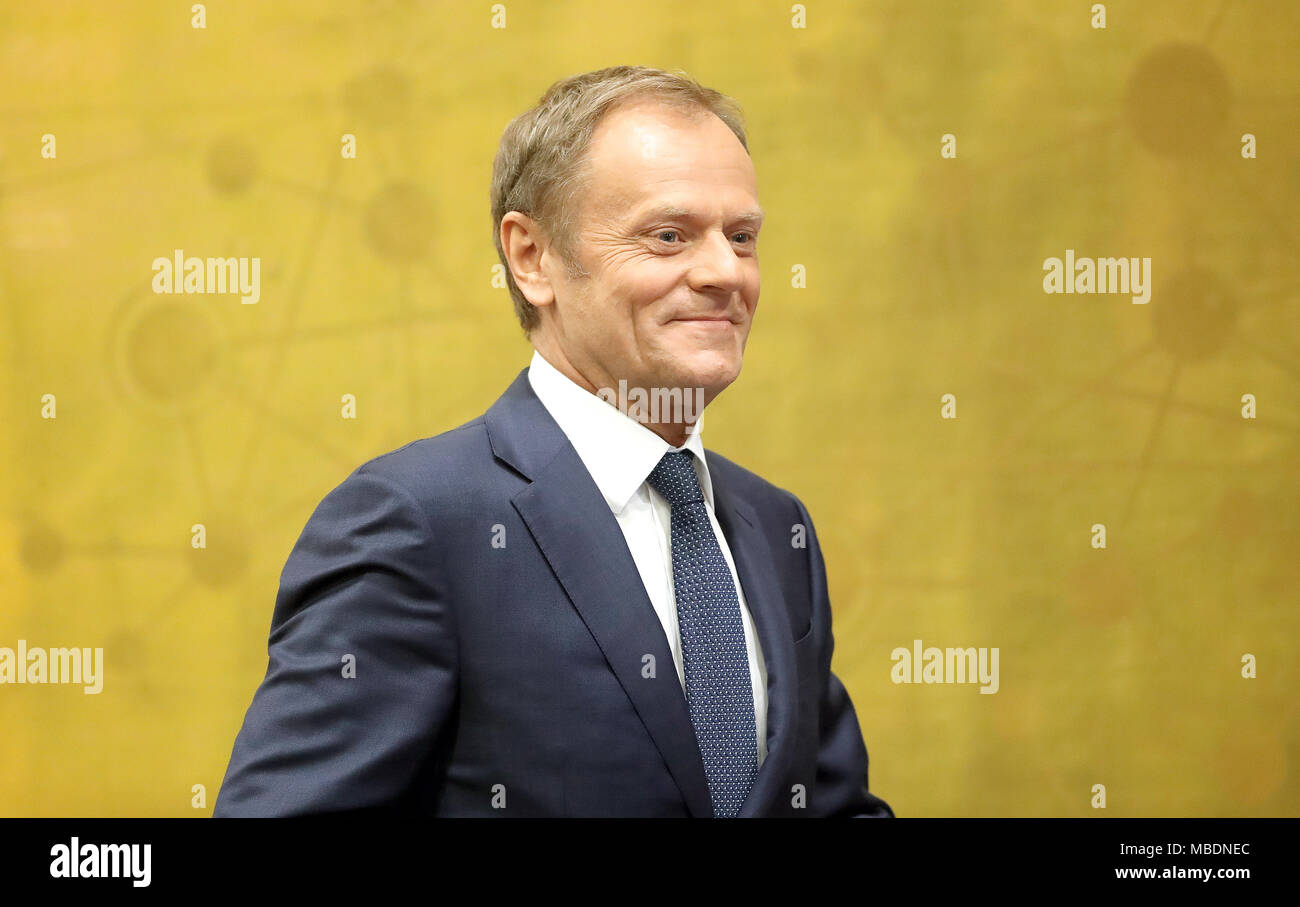Le Président du Conseil européen, Donald Tusk aborde le droit à la société UCD O'Reilly Hall, UCD. Tusk a dit que Brexit le rend furieux et a appelé l'Europe à s'unir. Banque D'Images