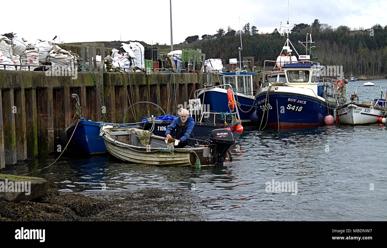 Fisherman renflouer son bateau avant de prendre la vague pour atteindre ses pots de crabe. West Cork, Irlande Banque D'Images