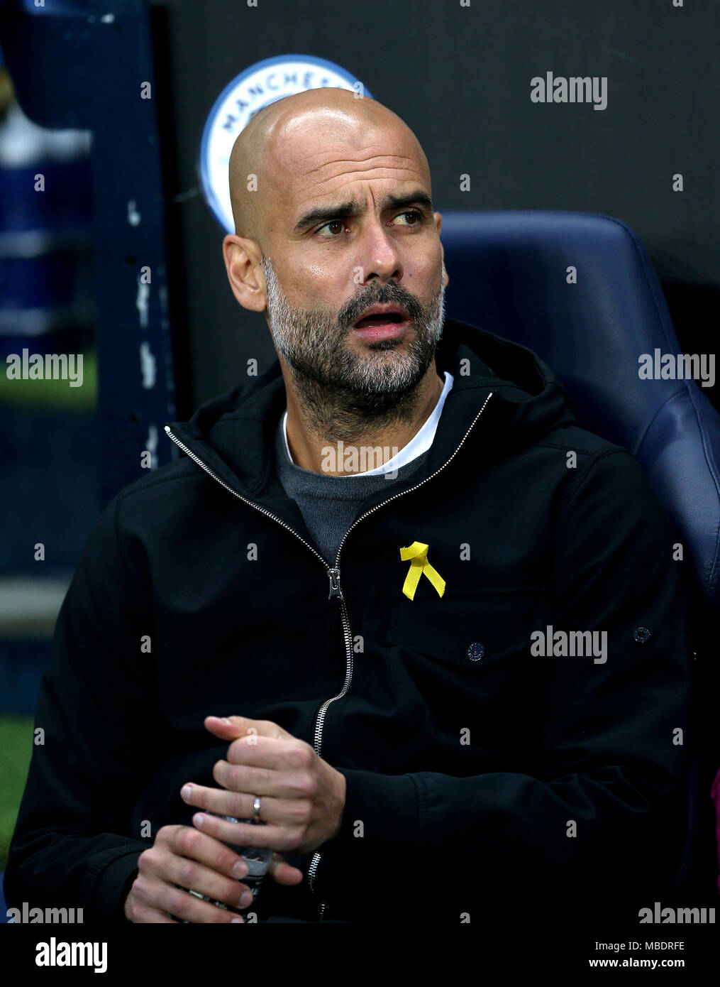 Pep Guardiola manager de Manchester City lors de la Ligue des Champions, quart de finale à l'Etihad Stadium, Manchester. Banque D'Images