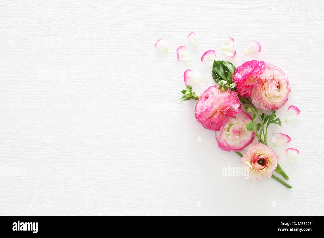Image de belles fleurs rose pastel délicates sur fond de bois blanc arrangement. Mise à plat, vue du dessus Banque D'Images