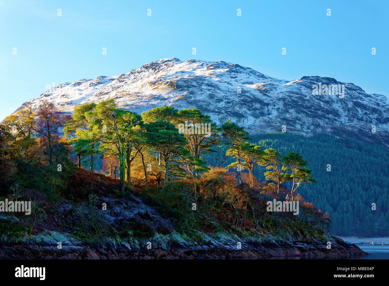 Une vue d'hiver des montagnes couvertes de neige surplombant le loch Sunart dans les Highlands écossais. Banque D'Images