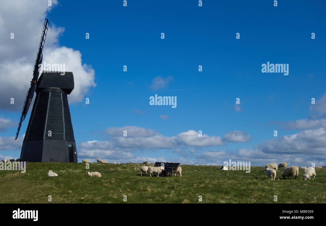 Moulin à vent en bois noir au sommet de la colline à l'ouest de Rottingdean, Brighton, Royaume-Uni Banque D'Images