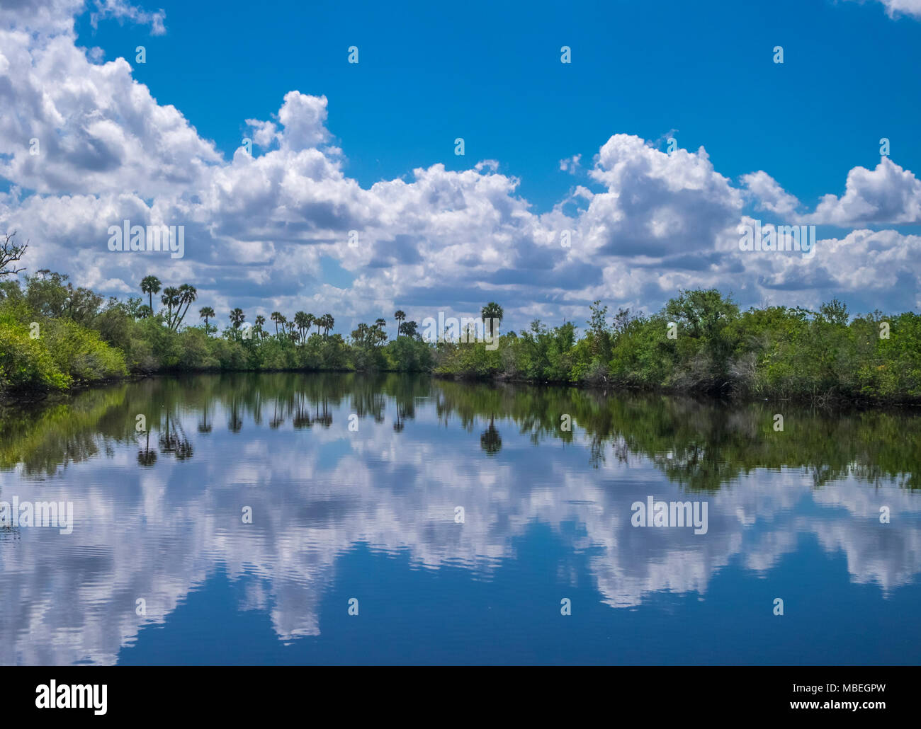 Journée d'été avec ciel bleu et nuages blancs sur la rivière de la paix dans le sud-ouest de la Floride Banque D'Images