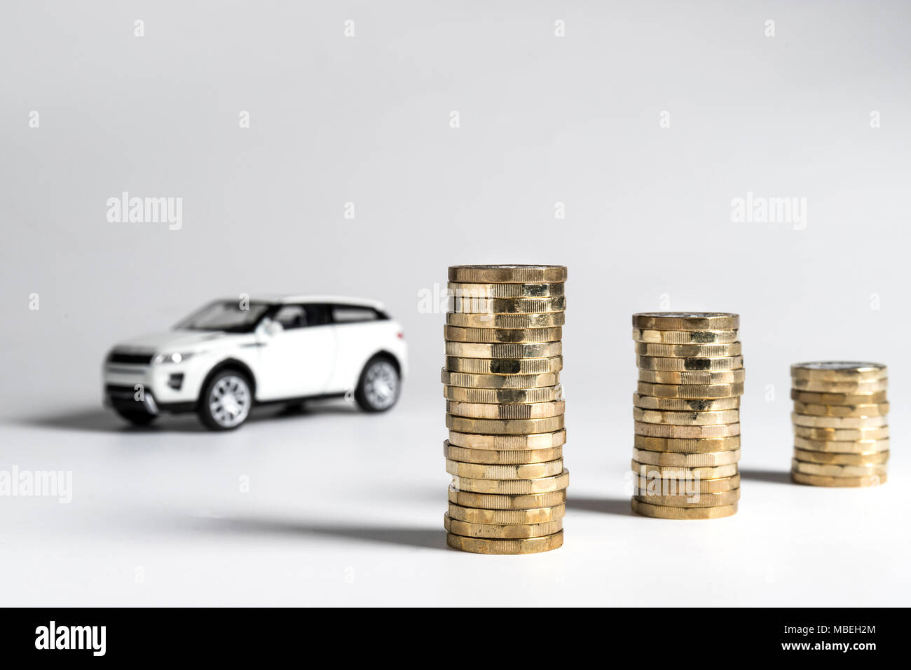 Un jouet Land Rover Evoque placés derrière des piles de £1 pièces. Banque D'Images