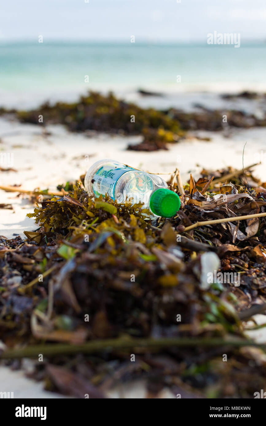 Bouteille en plastique se trouve des déchets rejetés sur le rivage d'une plage de sable blanc Banque D'Images