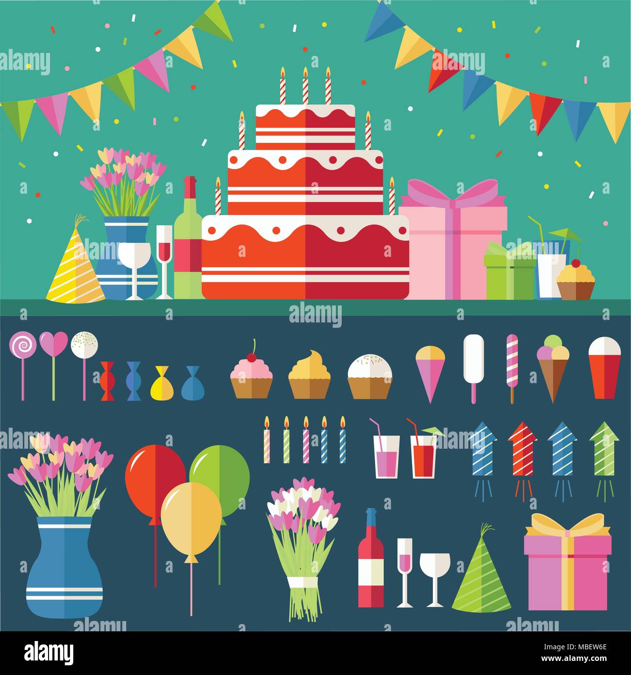 Joyeux Anniversaire Television Fond Festif De Confettis Icons Set Partie Des Elements De Conception Et De Fete Des Ballons Des Confettis Des Gateaux Boissons Cadeaux Concept Image Vectorielle Stock Alamy
