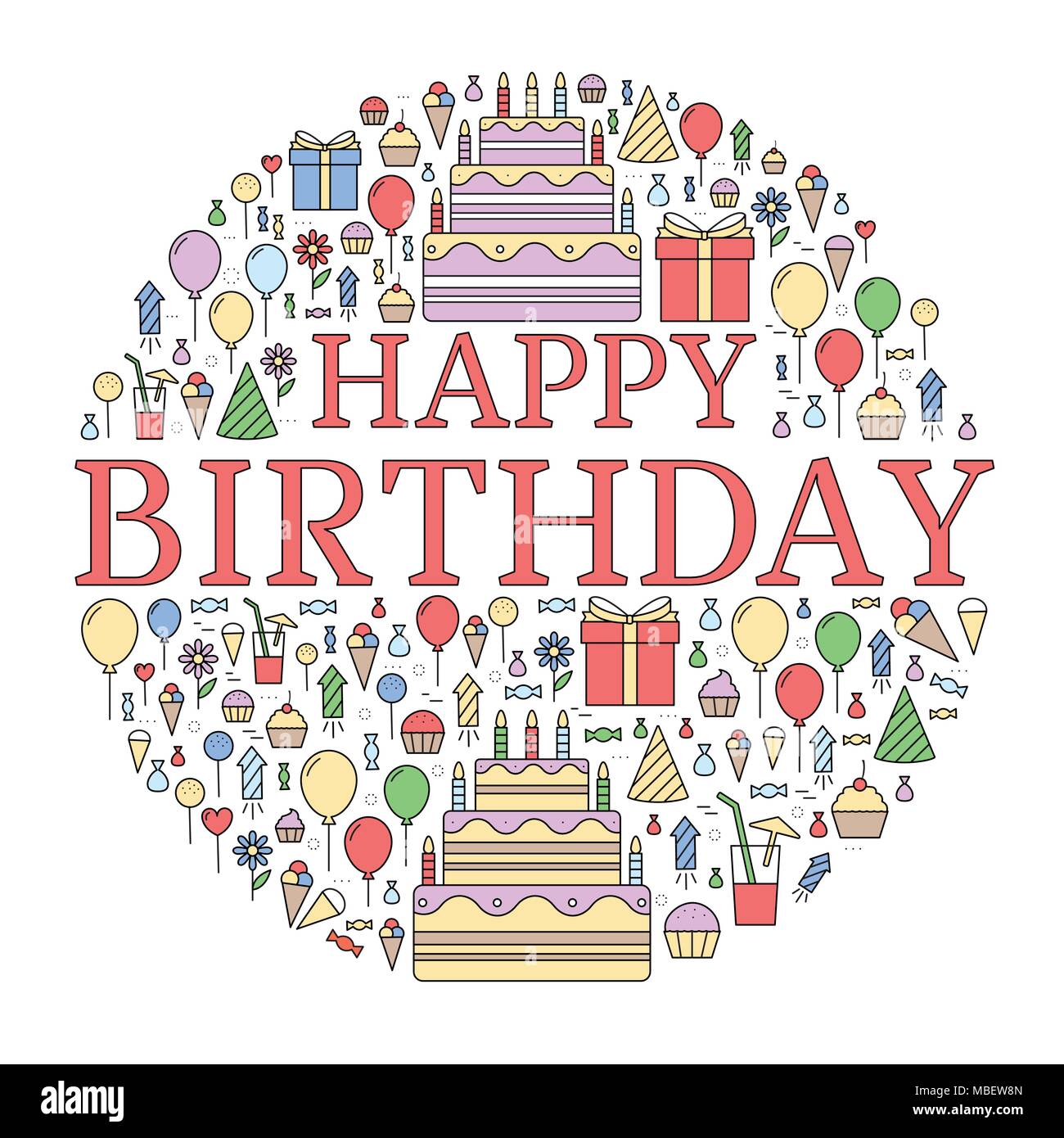 Joyeux Anniversaire Television Fond Festif De Confettis Icons Set Celebration Et Elements Des Ballons Des Confettis Des Gateaux Des Boissons Des Cadeaux Lignes Fines Style Design Image Vectorielle Stock Alamy