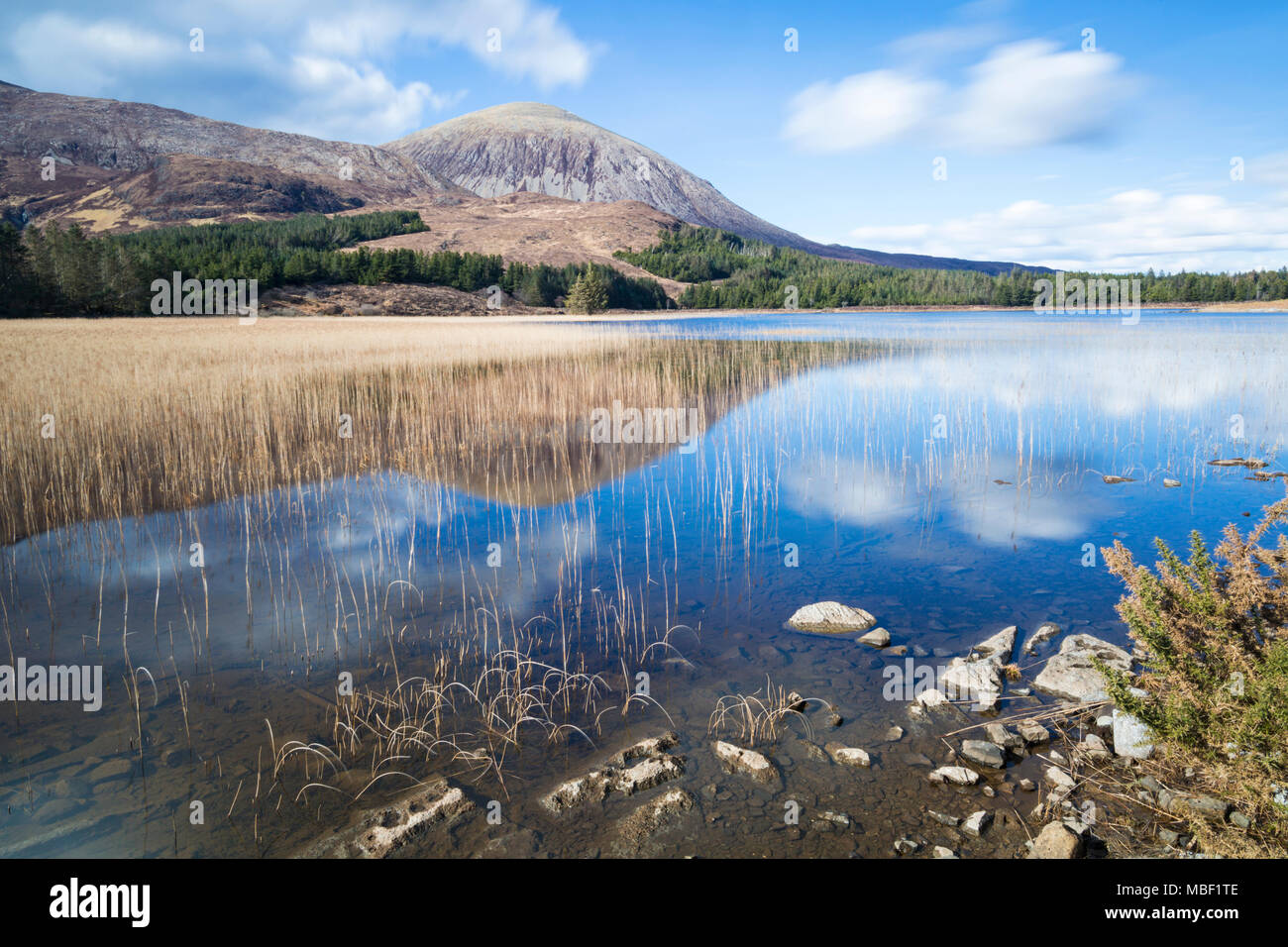 Les lits de roseaux à Loch Cill Chriosd avec Beinn Dearg Mhor Beinn na Caillich et dans la distance, Isle of Skye, Scotland, UK en mars - temps d'exposition Banque D'Images