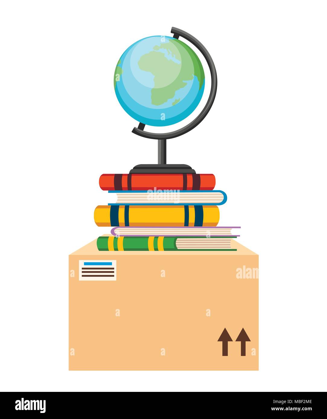 Globe, livres, et boîte en carton. Cartoon style design. Vector illustration sur fond blanc. Page de site Web et conception d'applications mobiles. Illustration de Vecteur