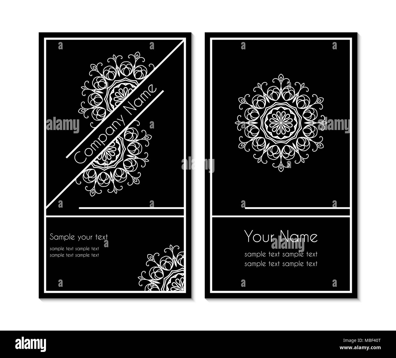 Carte en noir et blanc avec un dessin ornemental circulaire. Lacy Contour motif blanc sur fond sombre Illustration de Vecteur